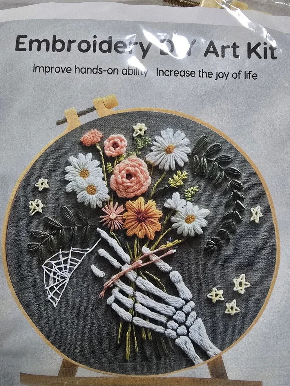 DIY Embroidery For Beginners Craft Kit Skelteton Hand Holding Flowers NWT